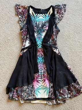 Cue Black Overlay High-Low Dress with Teal and Pink Print